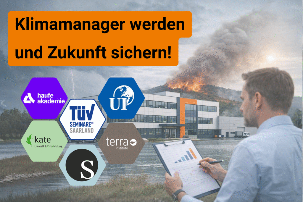 Übersicht von Schulungen und Weiterbildungen für Klimamanager und Klimabeauftragte (Klimamanagement, Carbon Footprint, CCF, PCF, KuV, Klimarisiken, Klimastrategie und Klimakommunikation)